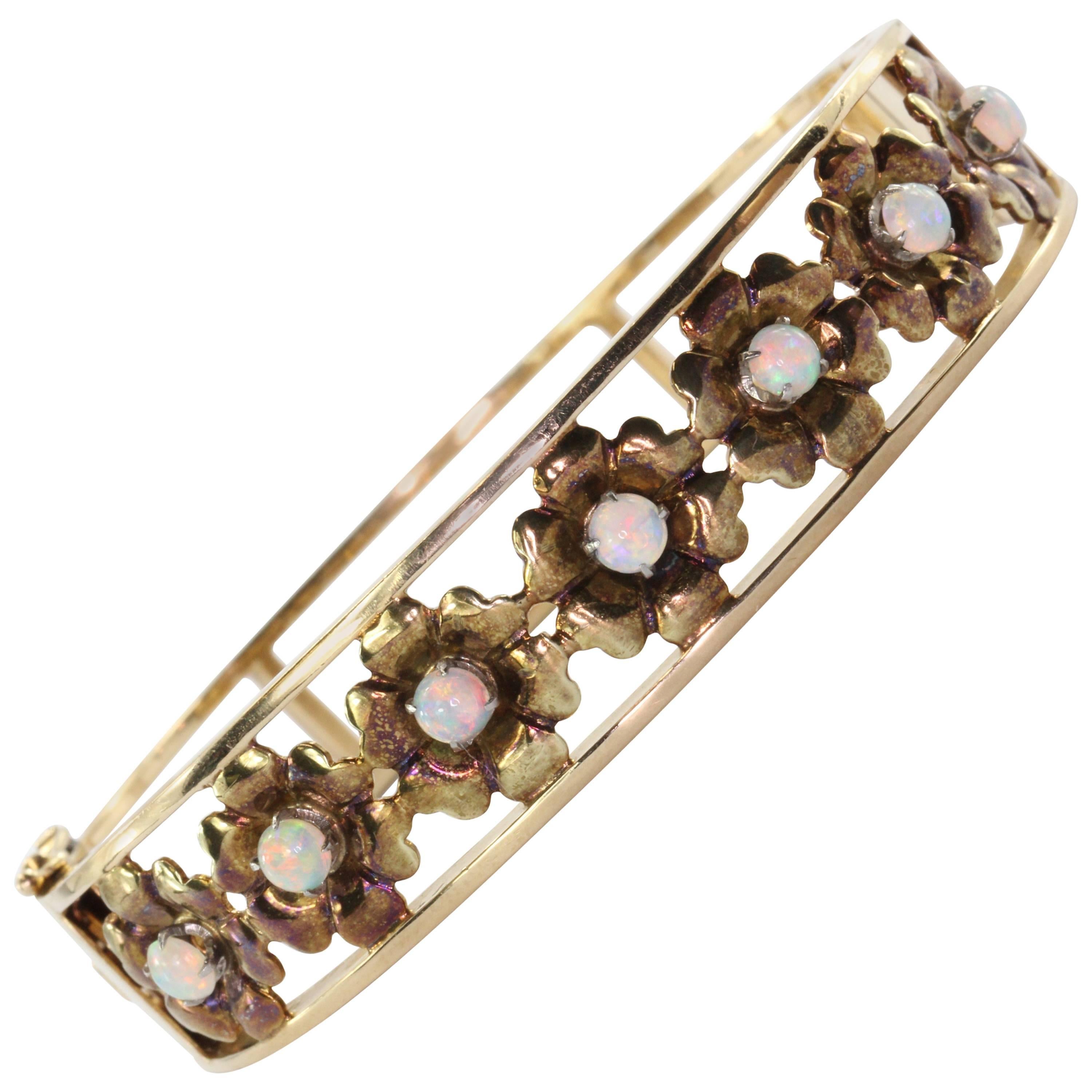 1960s Opal Gold Floral Bangle Bracelet