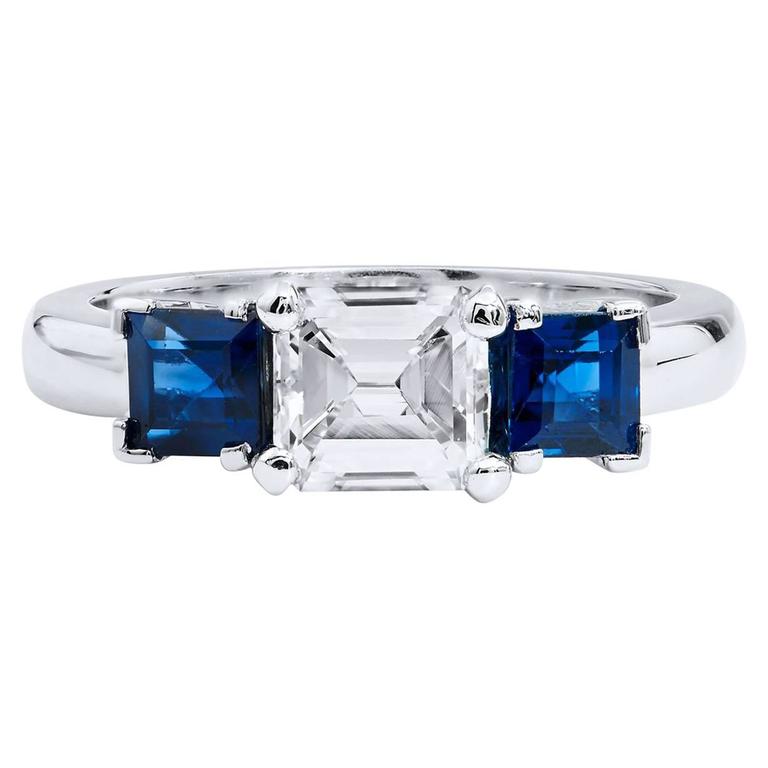 Sapphire Diamond Gold Three Stone Ring For Sale at 1stdibs