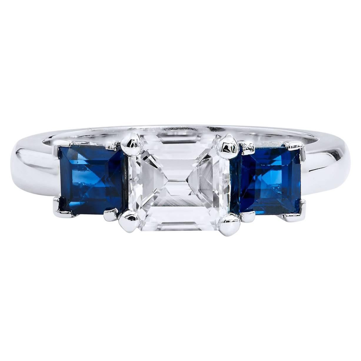 Handmade Three-Stone Diamond and Sapphire 18-Karat Gold Ring by H&H Jewels
