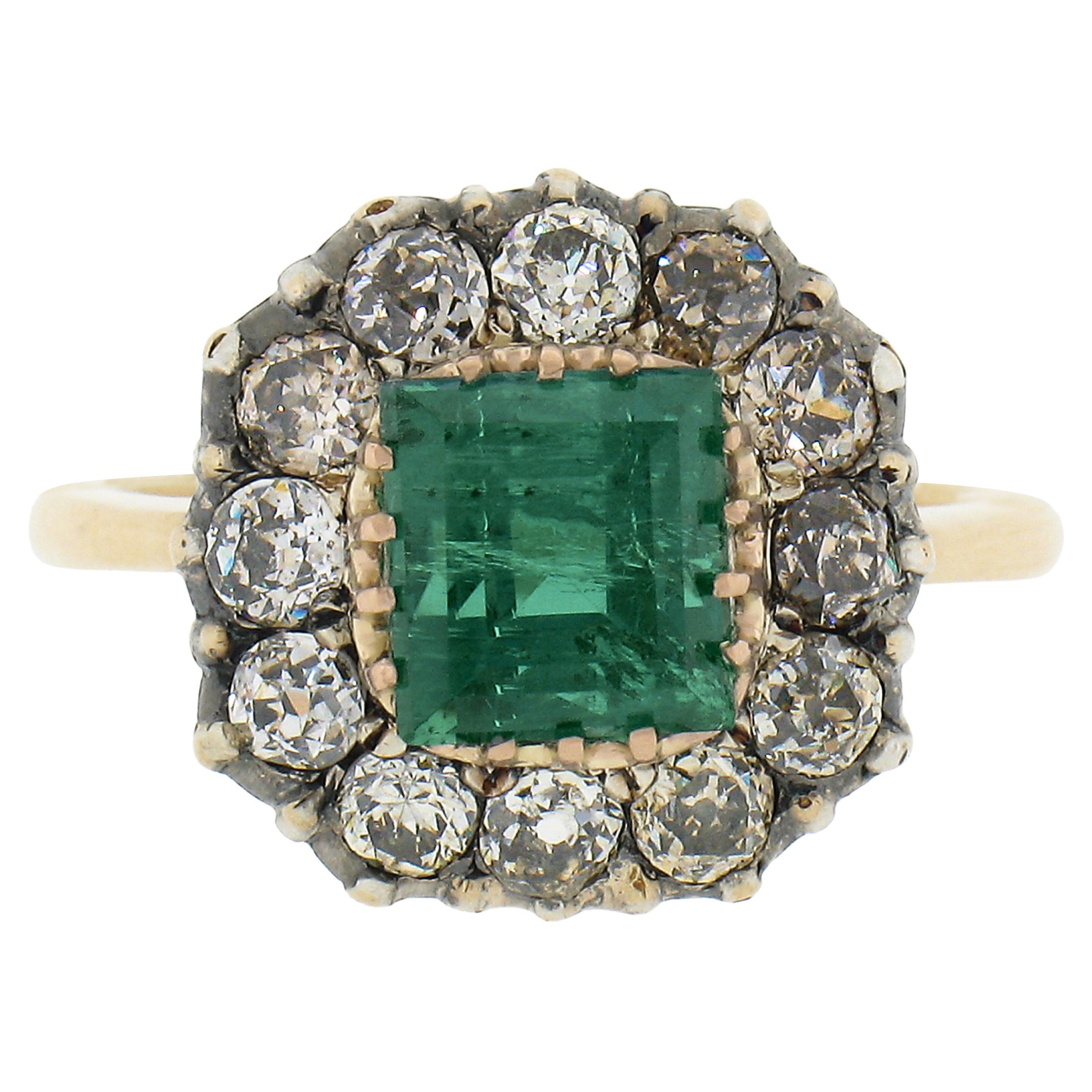 Antique Victorian 18k Gold & Silver 2.84ctw GIA Square Step Emerald Diamond Ring