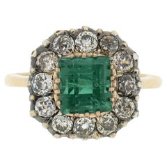 Antique Victorian 18k Gold & Silver 2.84ctw GIA Square Step Emerald Diamond Ring