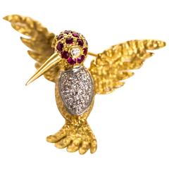 1980s Ruby Diamond Gold Bird Brooch Pin 4