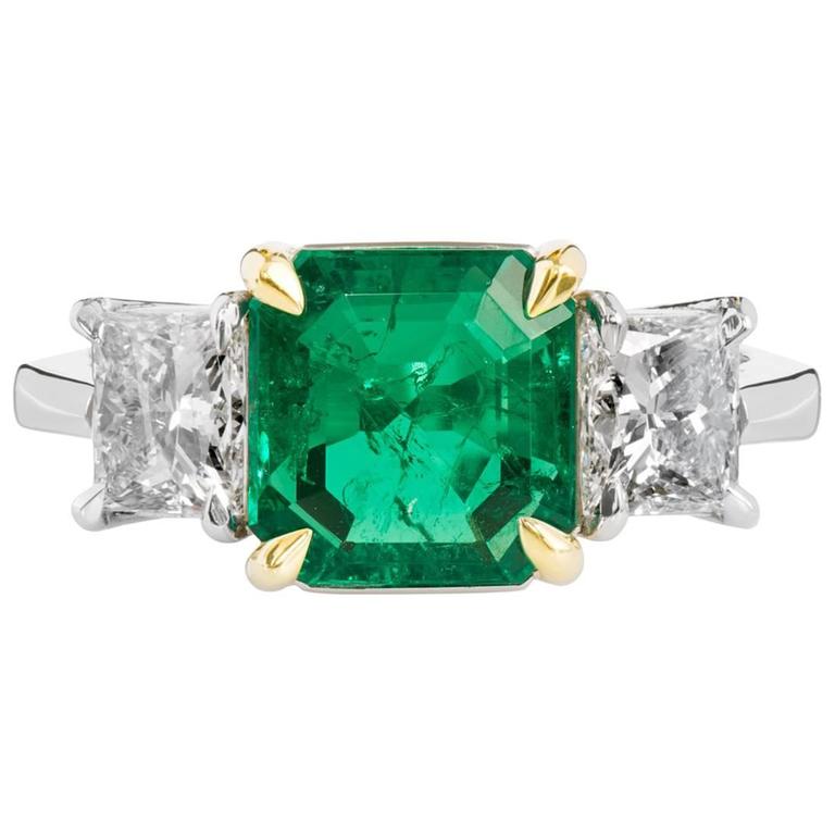 H & H 2.27 Carat Colombian Emerald Diamond Gold Platinum Ring For Sale