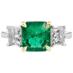 H & H 2.27 Carat Colombian Emerald Diamond Gold Platinum Ring 9