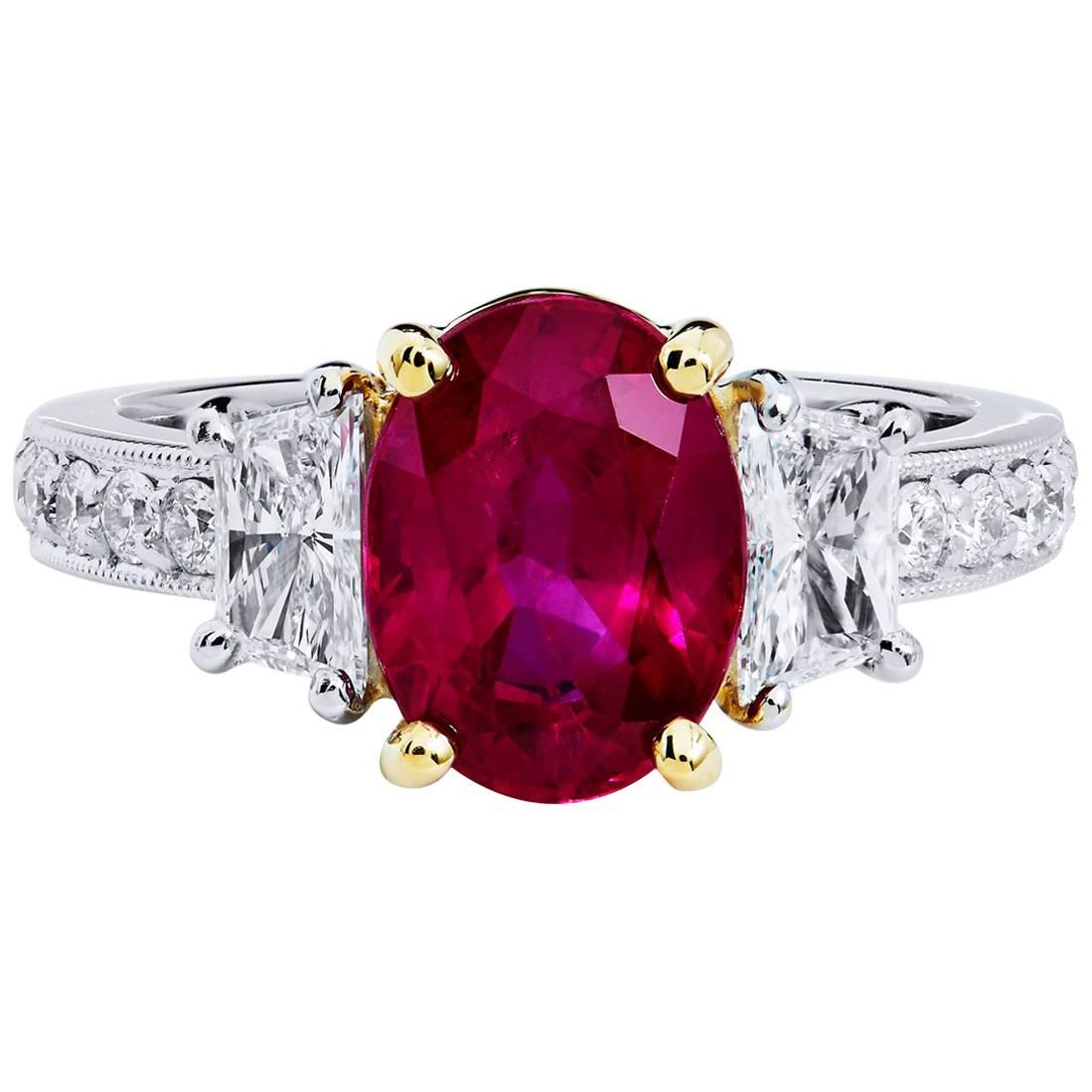 H & H GIA Certified 2.95 Burmese Ruby Diamond Gold Platinum Ring