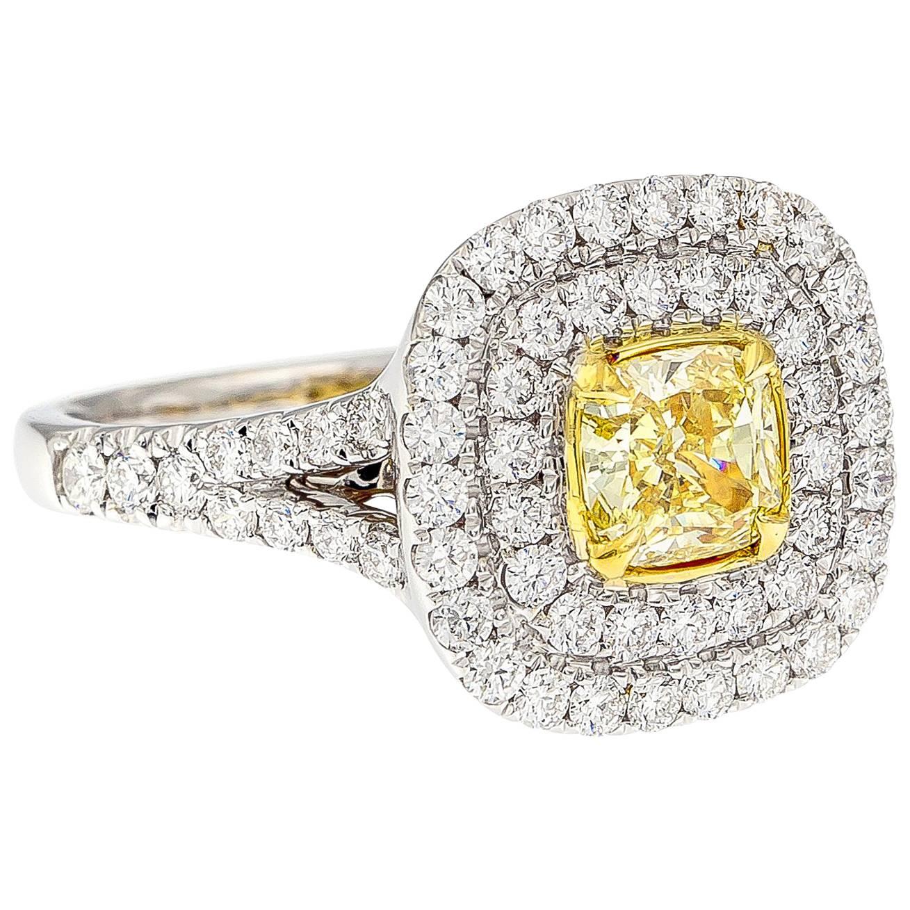GIA Certified Fancy Intense Yellow Diamond 18 Karat White Gold Halo Ring