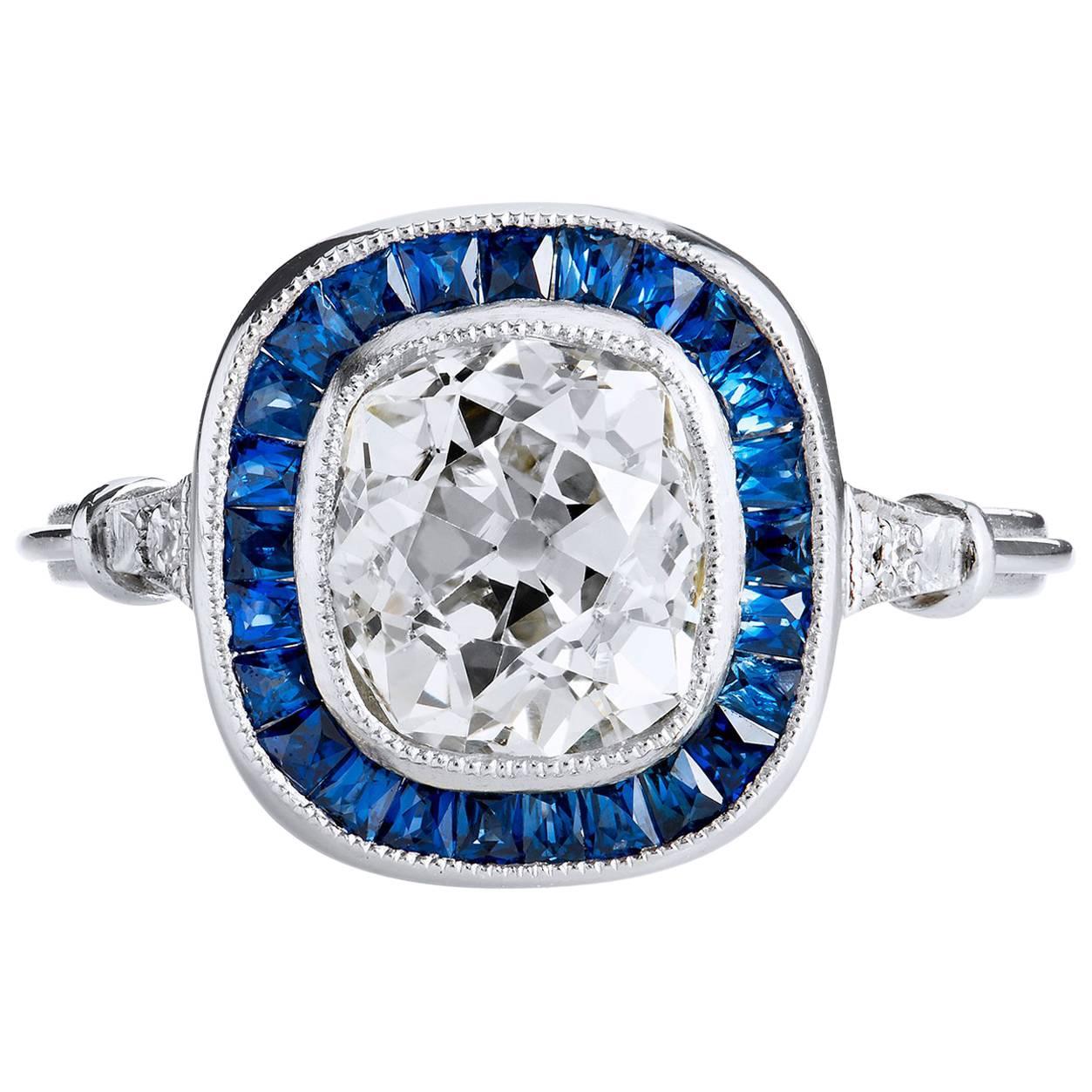 Art Deco Inspired Sapphire Diamond Gold Platinum Ring 6.25