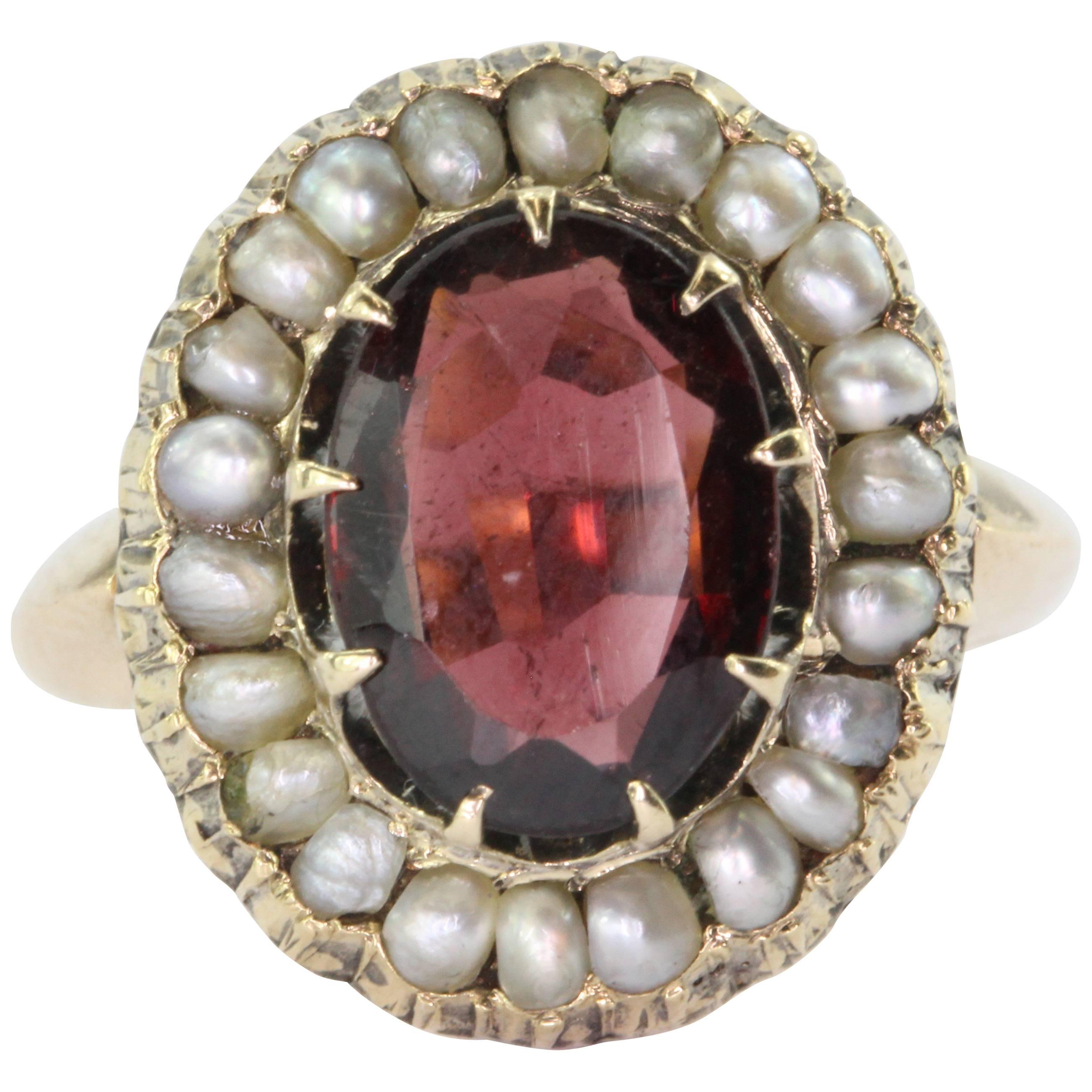 Victorian Seed Pearl Garnet Gold Halo Ring