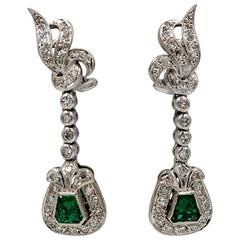 1950s Retro Emerald Diamond Palladium Drop Earrings