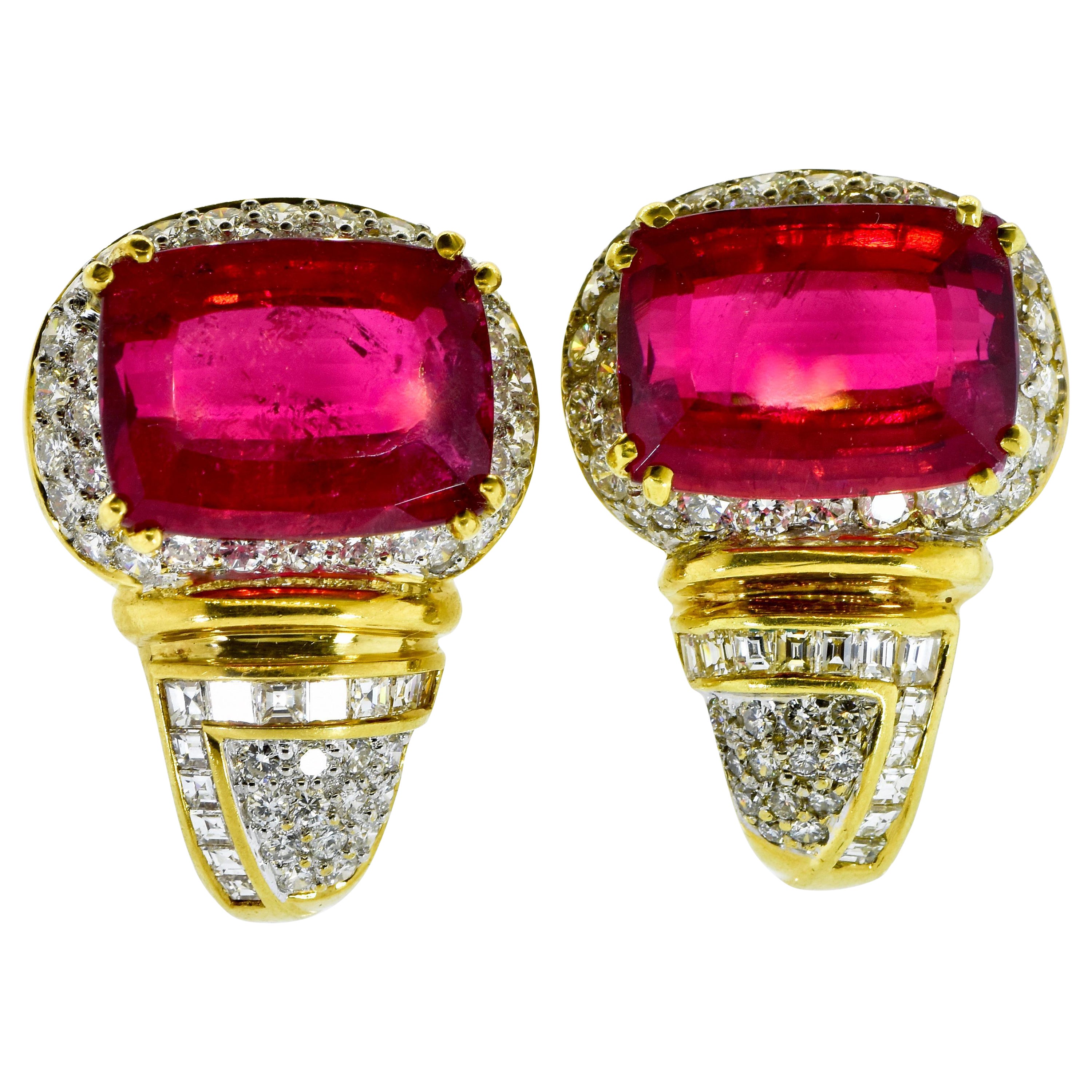 Red Tourmaline weighing 26 Cts. with fine Diamonds, 5 cts., in 18k Fine Earrings For Sale