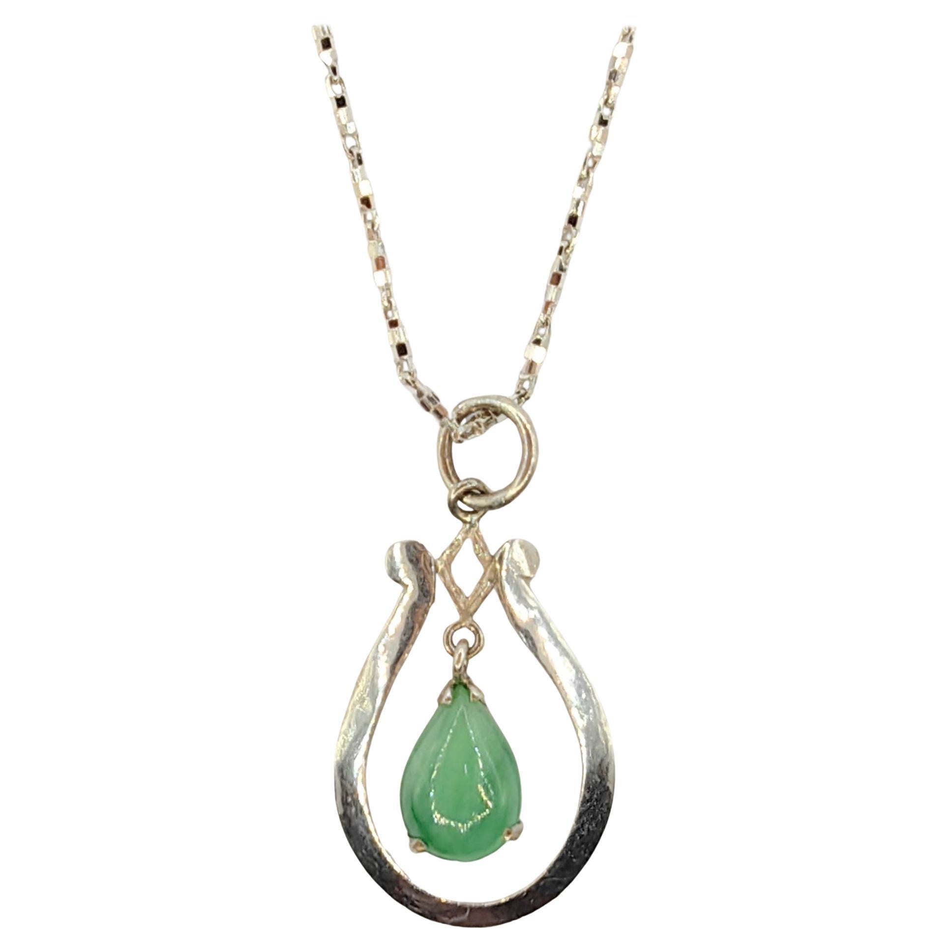 Vintage Pear Shaped Teardrop Jade Pendant in Sterling Silver