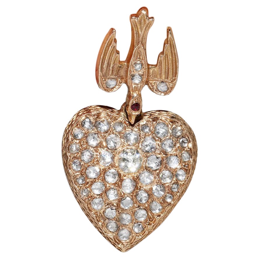 Antique Circa 1900s 10k Gold Natural Rose Cut Diamond Heart Bird Pendant For Sale