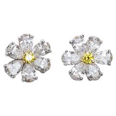 White and Yellow Diamond Platinum Flower Stud Earrings