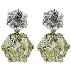 6.03 Carats GIA Fancy Intense Yellow and 2.13 Carats White Diamond Drop Earrings