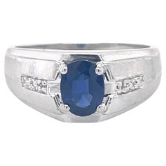 Vintage Men Sapphire Dome Ring, 1.31CT Oval Netural Sapphire, 10k White Gold