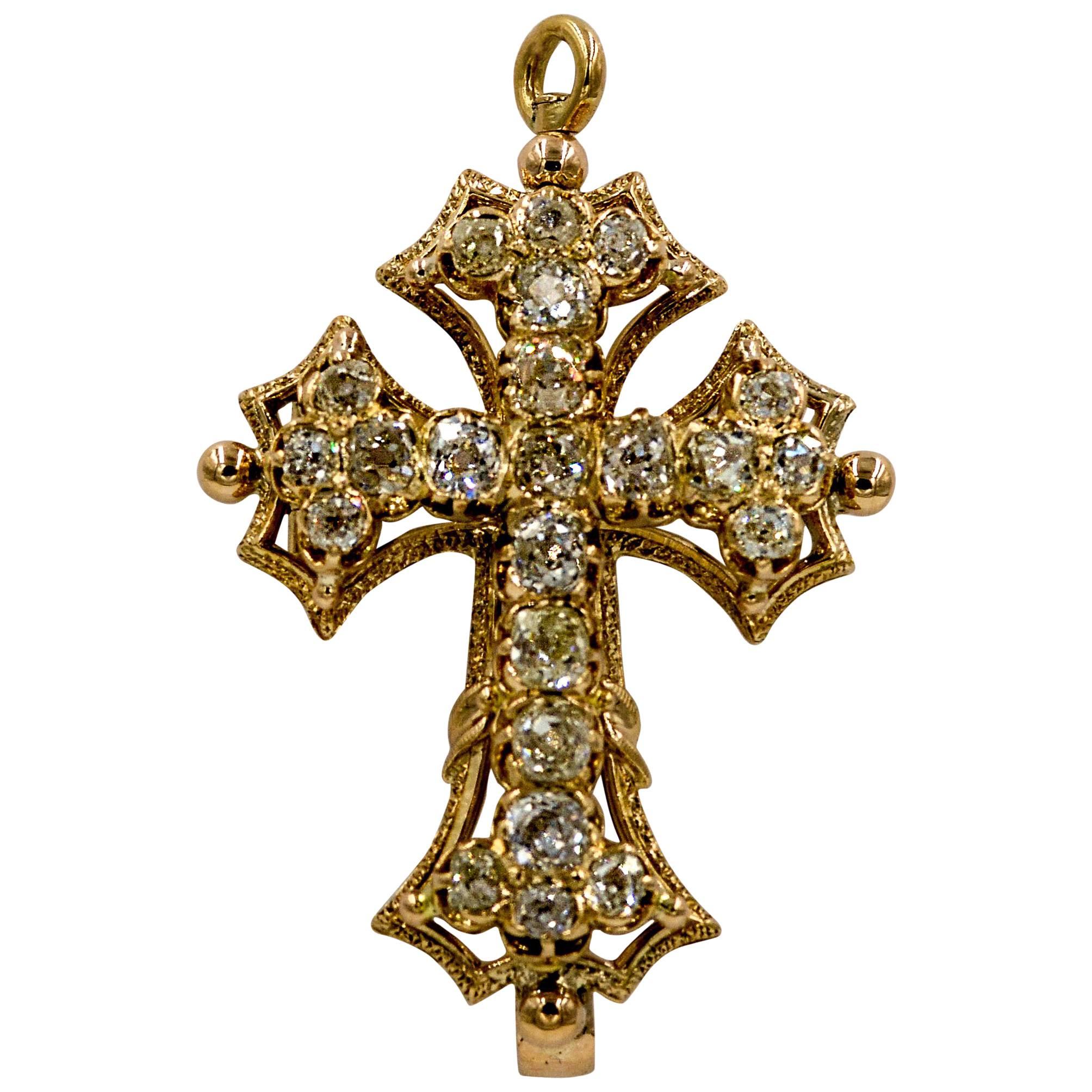 Antique Victorian Diamond Gold Cross Pendant Pin
