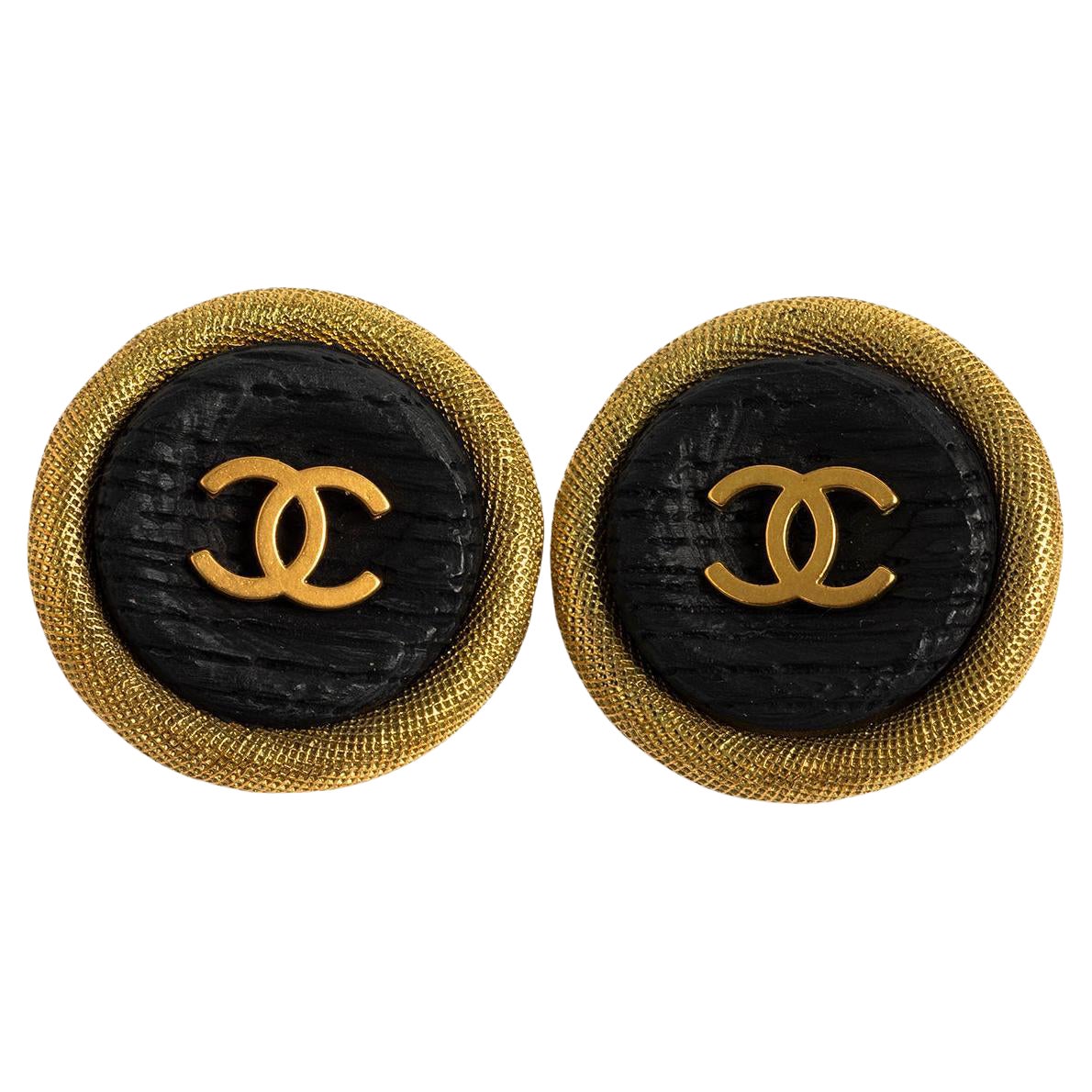 Chanel '"Jumbo" CC Gold /Black Clip On Earrings. Date Stamped Spring 1994. For Sale