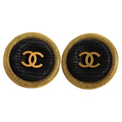 Used Chanel '"Jumbo" CC Gold /Black Clip On Earrings. Date Stamped Spring 1994.
