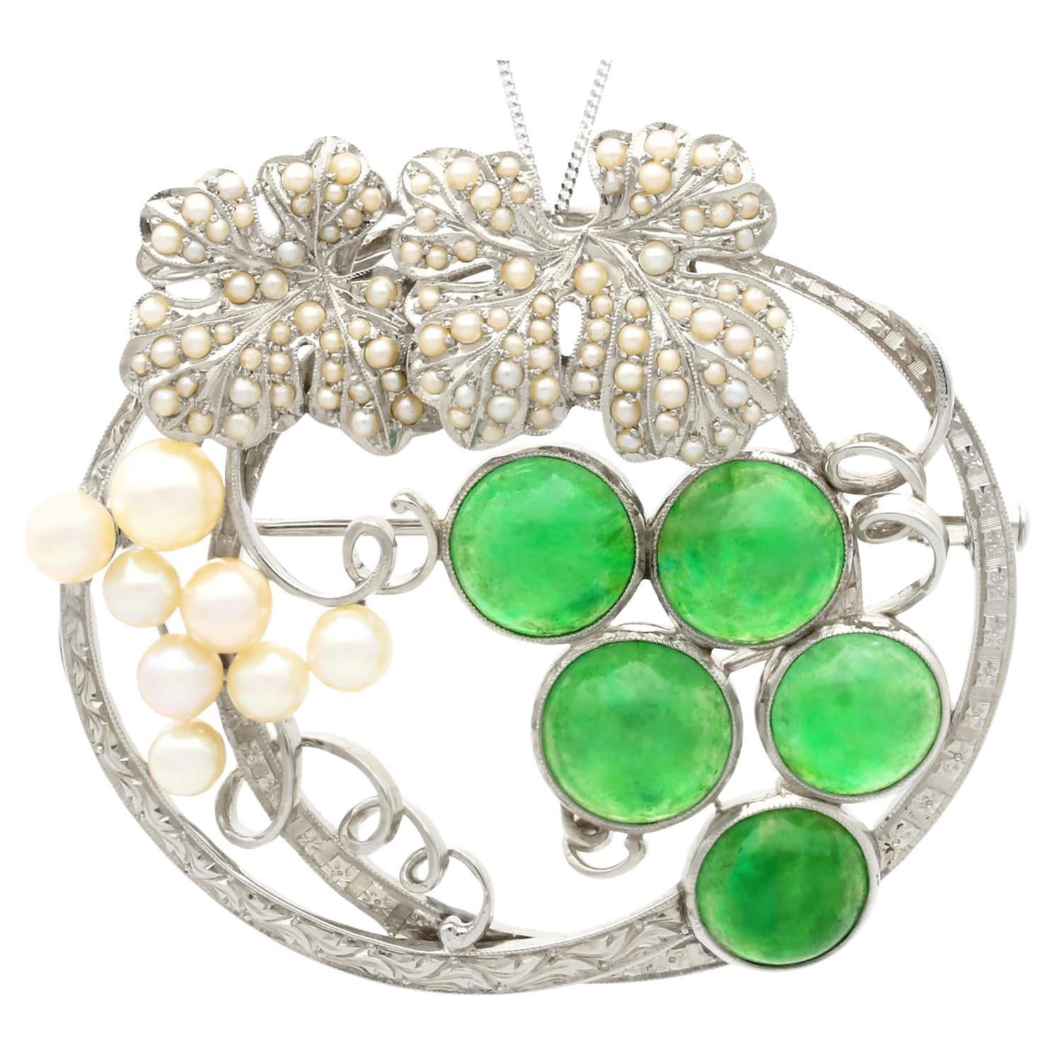 Vintage 8.85Ct Chrysoprase and Seed Pearl, 18k White Gold Brooch/Pendant For Sale