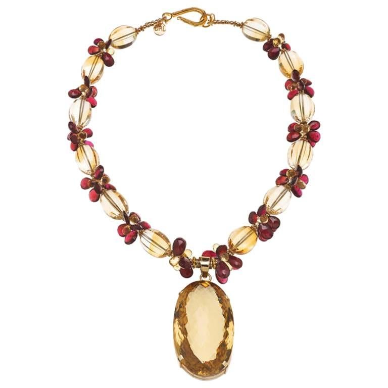 Deborah Liebman 270 Carat Citrine Pendant Citrine Garnet Yellow Gold Necklace For Sale