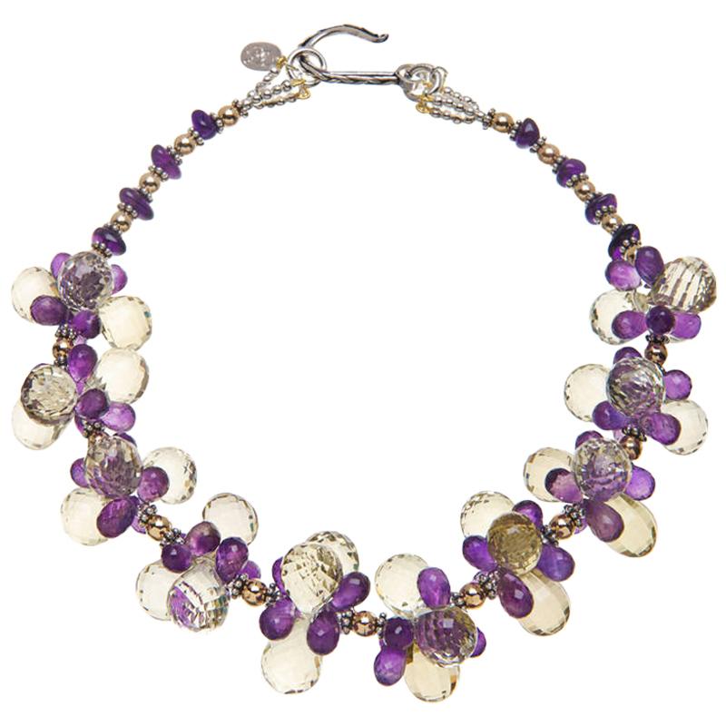 Deborah Liebman Lemon Quartz Amethyst Sterling Silver Yellow Gold Necklace For Sale