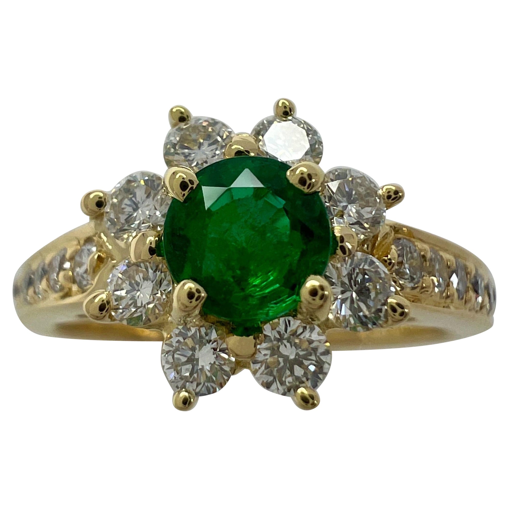 Fine Tiffany & Co. Round Emerald & Diamond Flower 18k Yellow Gold Cluster Ring
