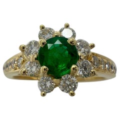 Vintage Fine Tiffany & Co. Round Emerald & Diamond Flower 18k Yellow Gold Cluster Ring