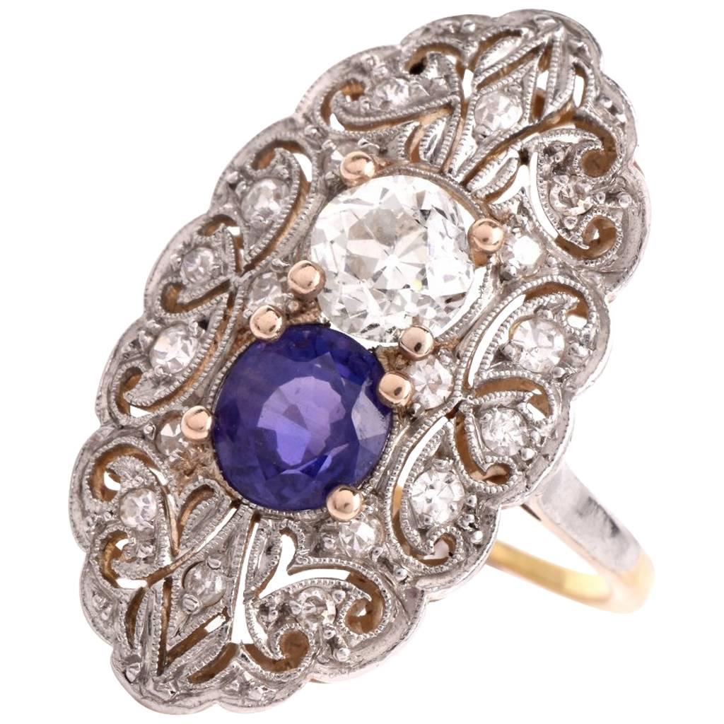 Antique Art Deco Sapphire Diamond Gold Platinum Filigree Ring