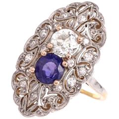 Vintage Art Deco Sapphire Diamond Gold Platinum Filigree Ring