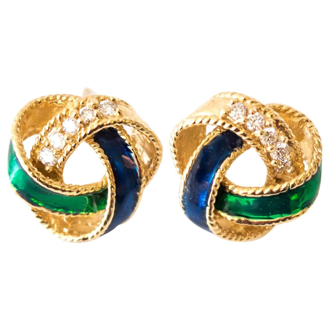 1950s Enamel Diamond Gold Wreath Stud Earrings