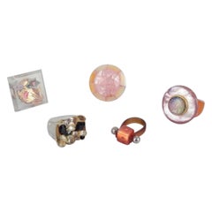 Retro French jewelry artist. Five designer rings in metal and plastic.  Various design