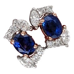 Sapphire Stud Earrings w Earth Mined Diamonds in Solid 14K Dual Tone Gold OV 4x3