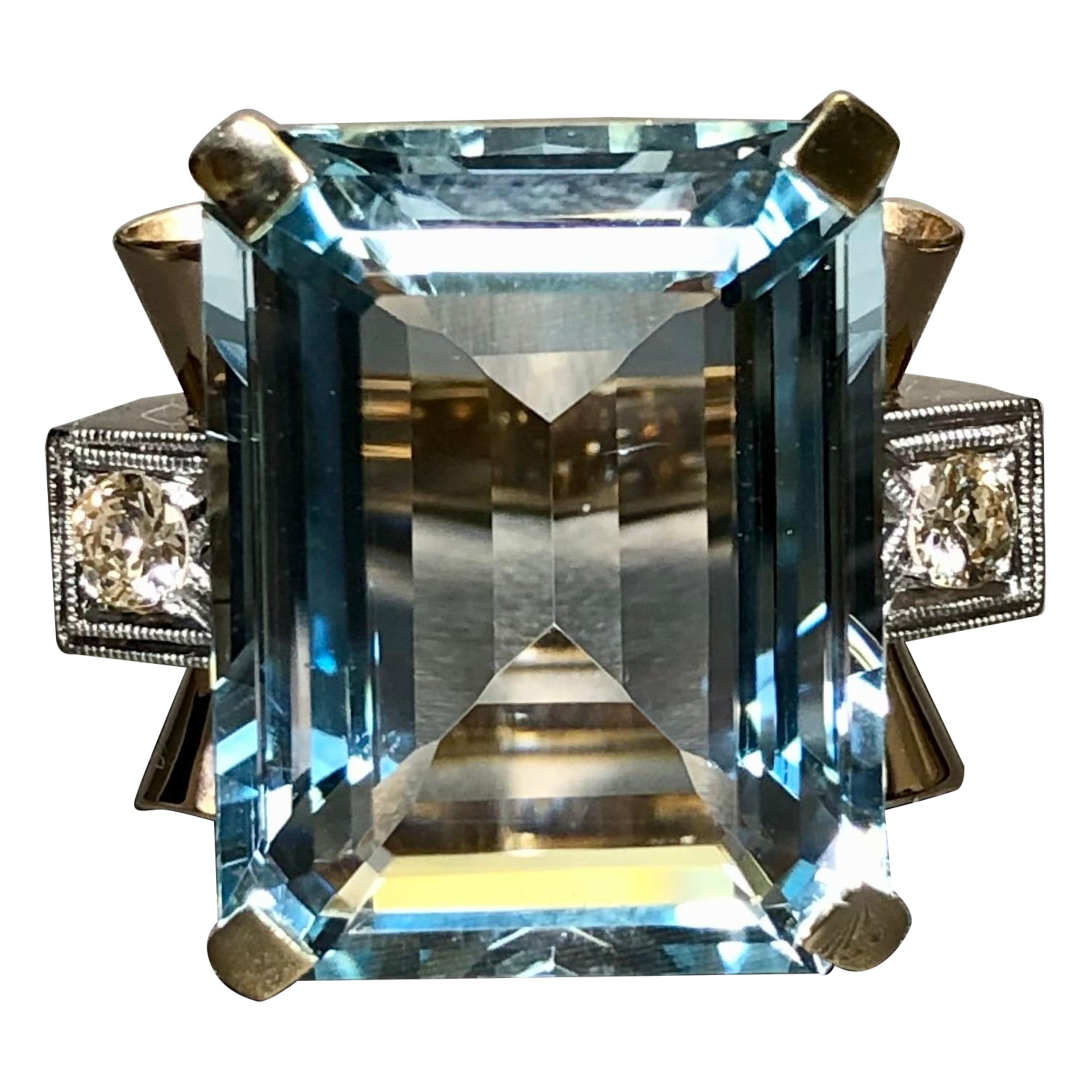 Vintage Retro 18K Rose Platinum Aquamarine Diamond Cocktail Ring 20.78cttw Sz 6