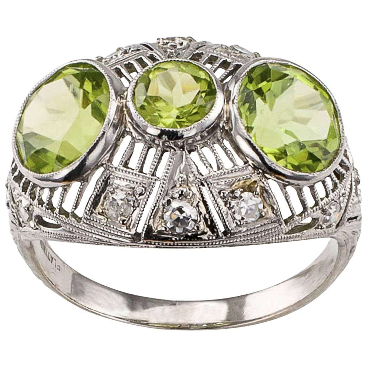 Art Deco Peridot Diamond Platinum Ring