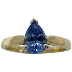 Fine Natural Vivid Blue Ceylon Sapphire Pear Teardrop 18k Gold Solitaire Ring