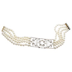 Edwardian Antique Platinum-Topped Gold Cultured Pearl Diamond Bracelet