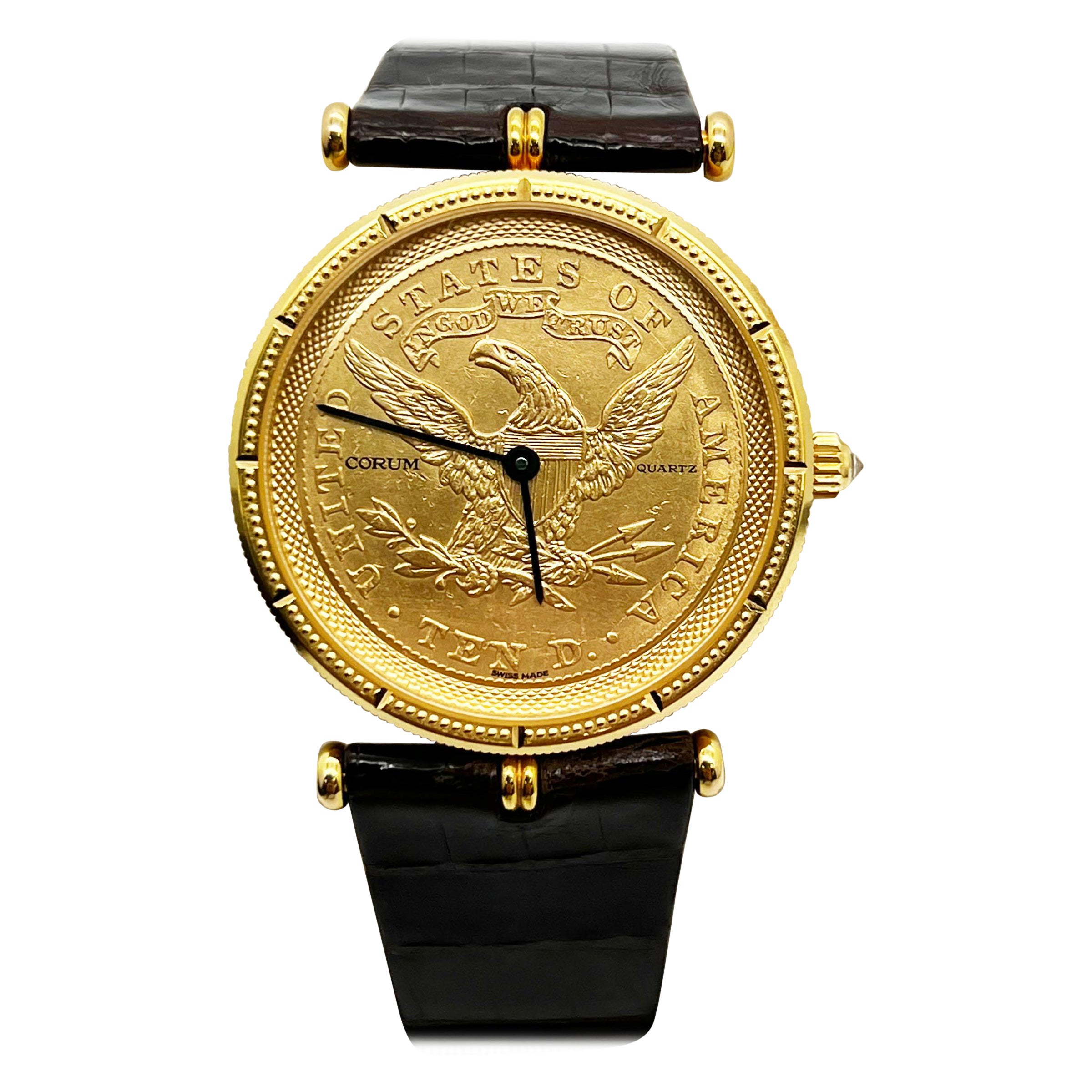 Corum $10 Münzuhr 1893 18K Gelbgold Lederarmband Reisetasche Papier im Angebot