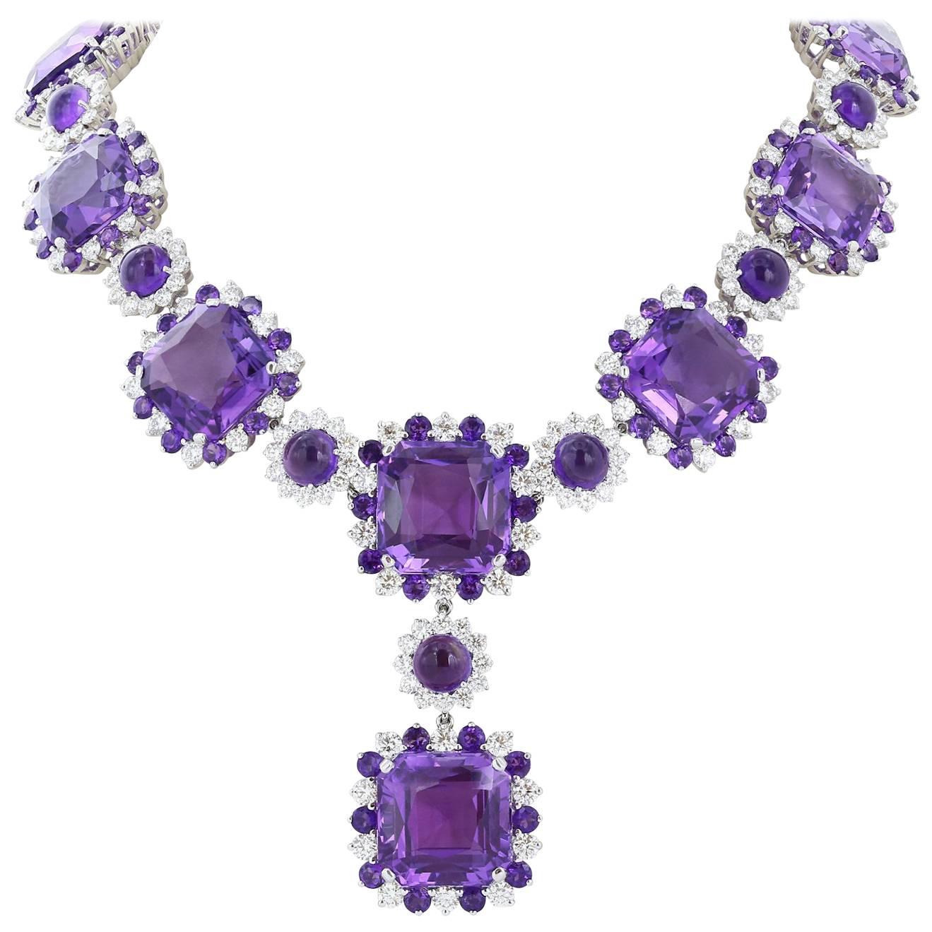 254.72 Carat Amethysts 26.33 Carat Diamonds Gold Necklace