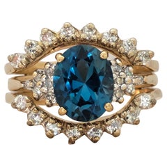 Vintage 14kt Yellow Gold 9x7 Oval Blue Topaz .56ctttw Diamond Ring Diamond Wrap Size 6