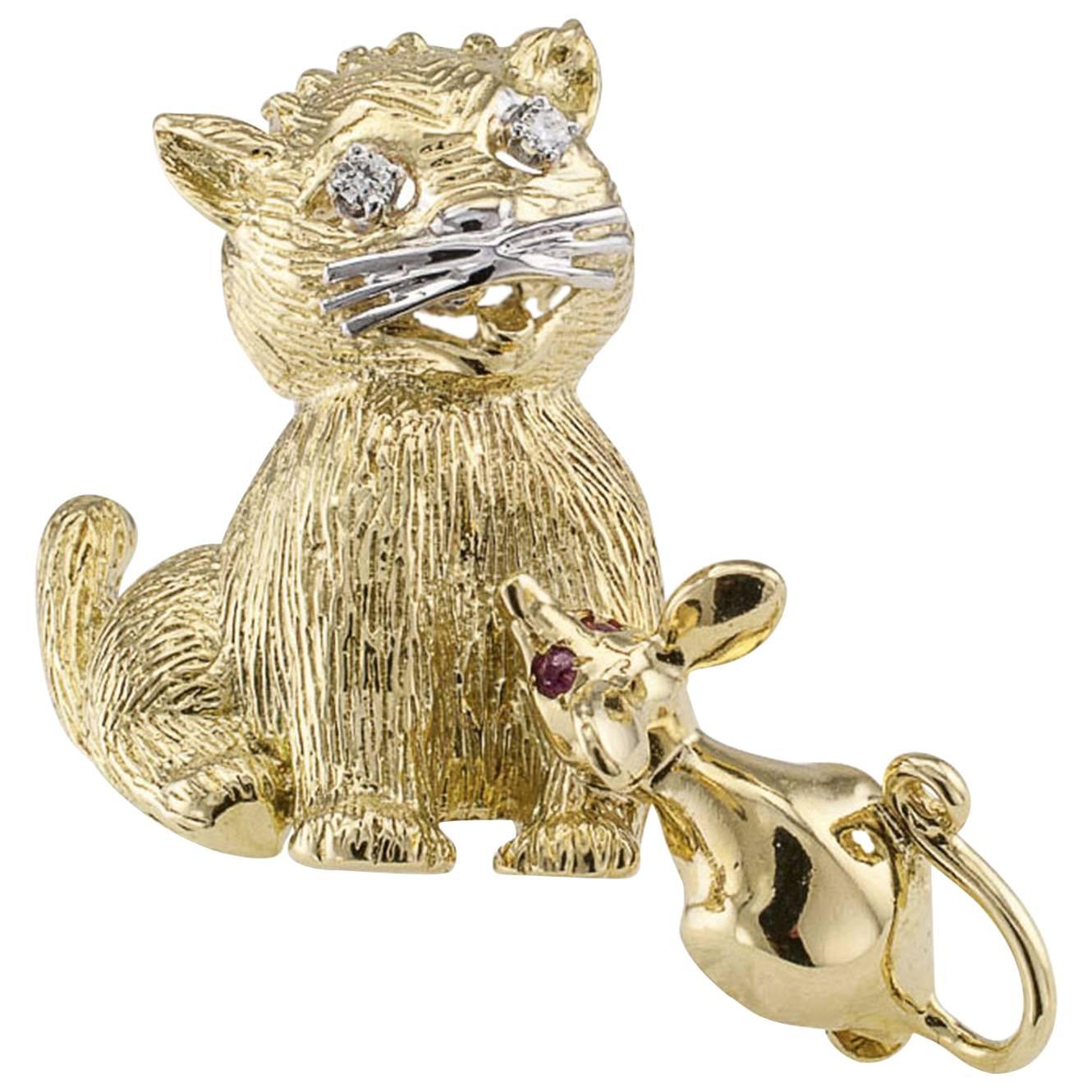 1960s Cat and Mouse Diamond Ruby Gold Brooch