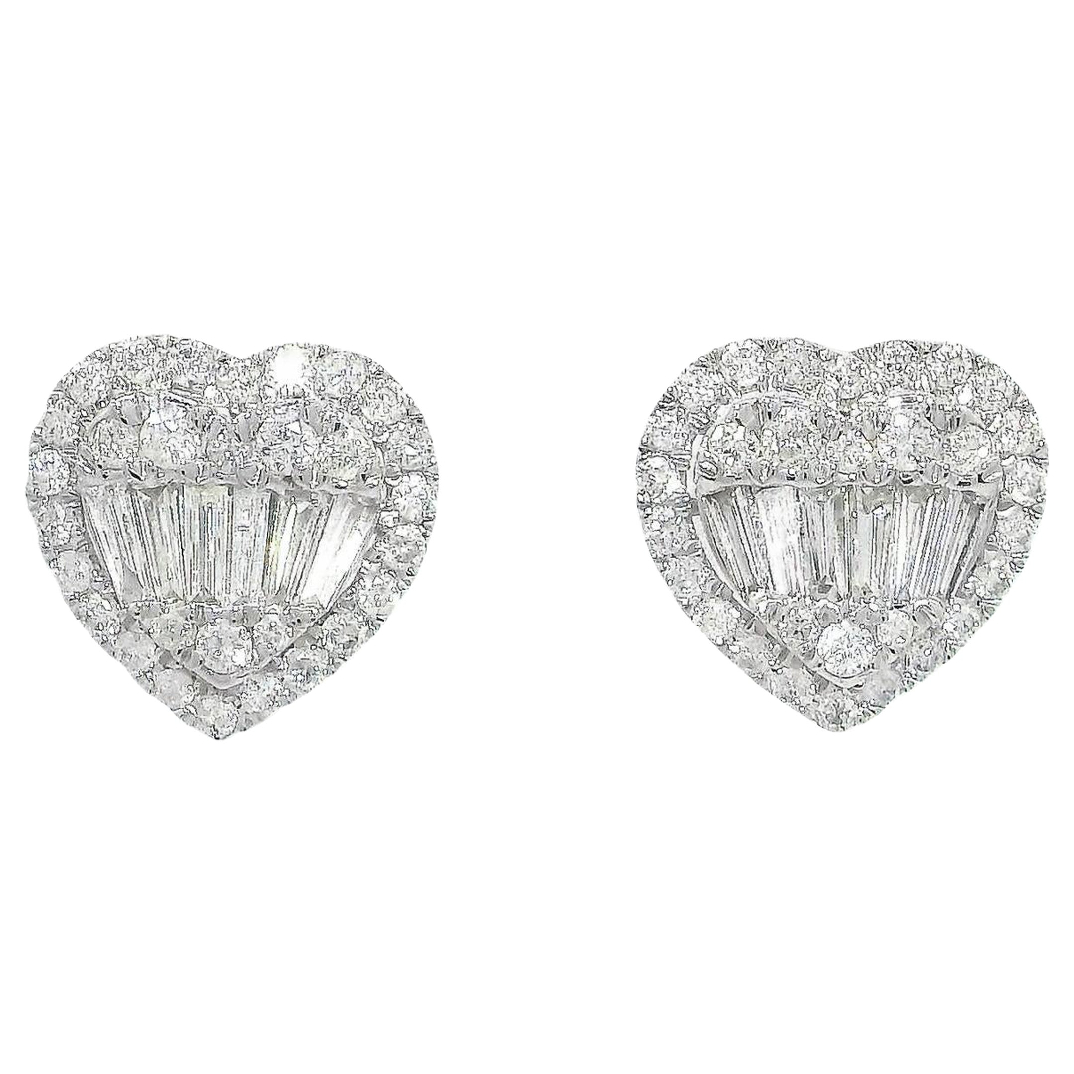 Heart-shaped Baguette Halo Diamond Stud Earrings in 18K White Gold