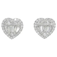 Heart-shaped Baguette Halo Diamond Stud Earrings in 18K White Gold