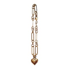 14K Yellow Gold Paper Clip Link Bracelet With Heart Charm #17316