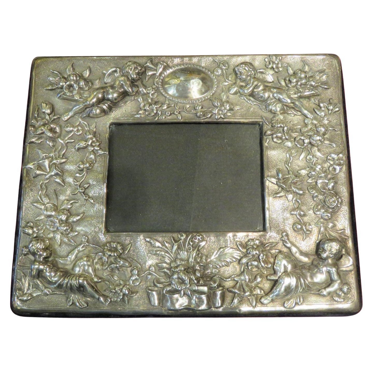 Sterling Silver European Estate Rococo Hammered Frame with Cherubs
