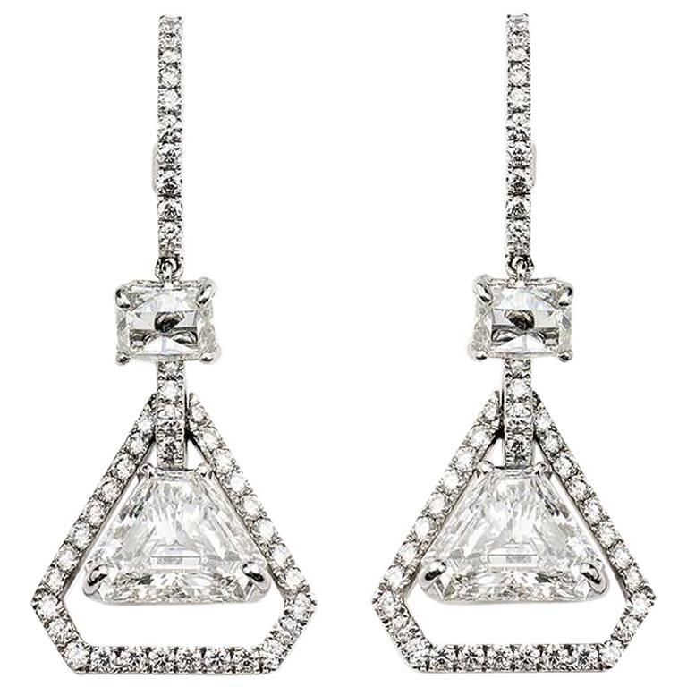 3.07 Carat Trilliant Cut Diamonds Gold Earrings 