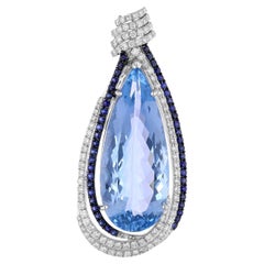 Natural Aquamarine Pendant Blue Sapphire Diamond 18 Karat White Gold Jewelry