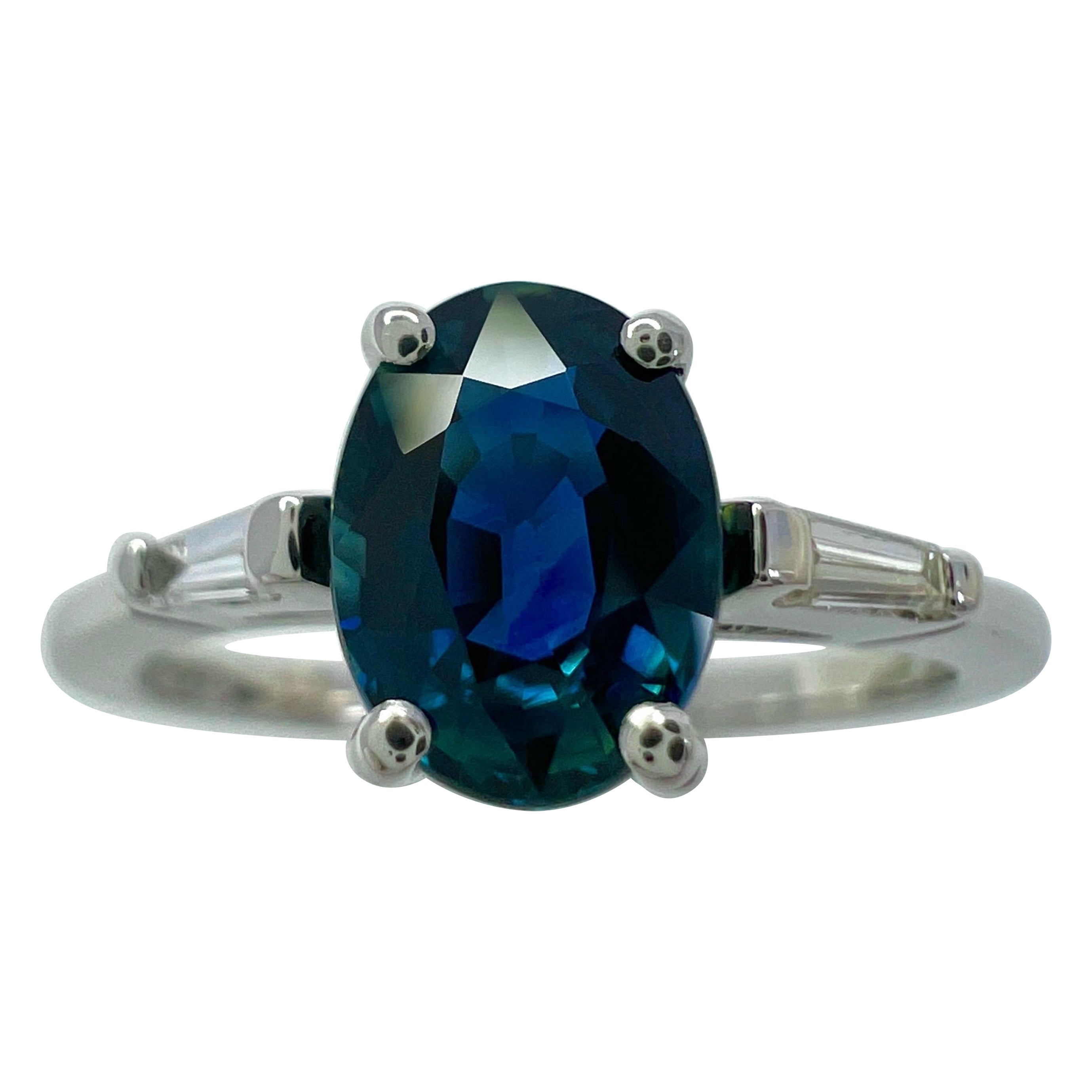 Blue Sapphire & Baguette Cut Diamond 18k White Gold Oval Cut Three Stone Ring