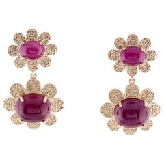 Pendants d'oreilles floraux en rubis et diamants 14K Or jaune 14 carats 0,47 carat