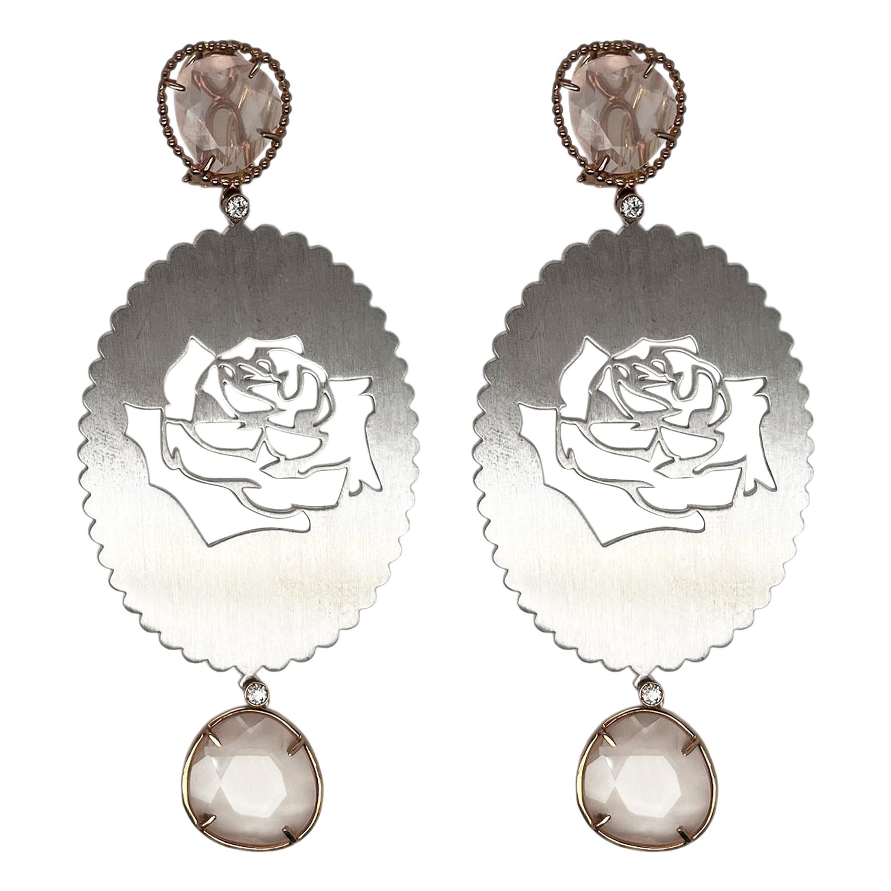 9kt rose gold & engraved silver earrings, pink quartz & diamonds