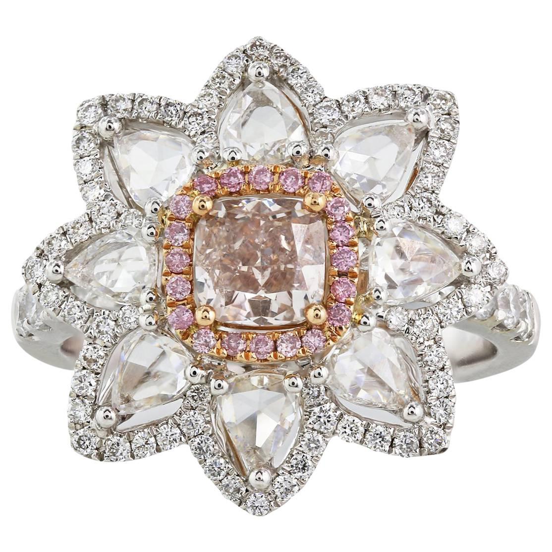 .74 carat Pink Diamond with Rose Cut Diamonds Halo Two Color Gold Ring For Sale